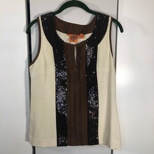 Tory Burch Blouse Womens 6 Ivory Brown  Pintuck Sequin Sleeveless Keyhole Neck
